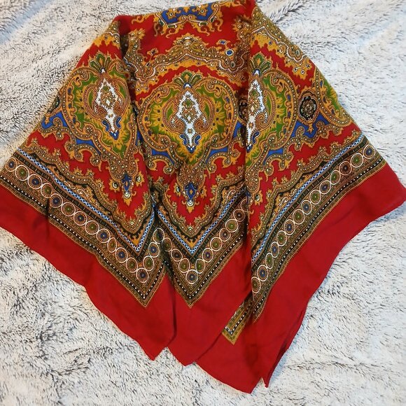 Women's Vintage Large Square Paisley Scarf Wine Black Gold GUC - Picture 6 of 6